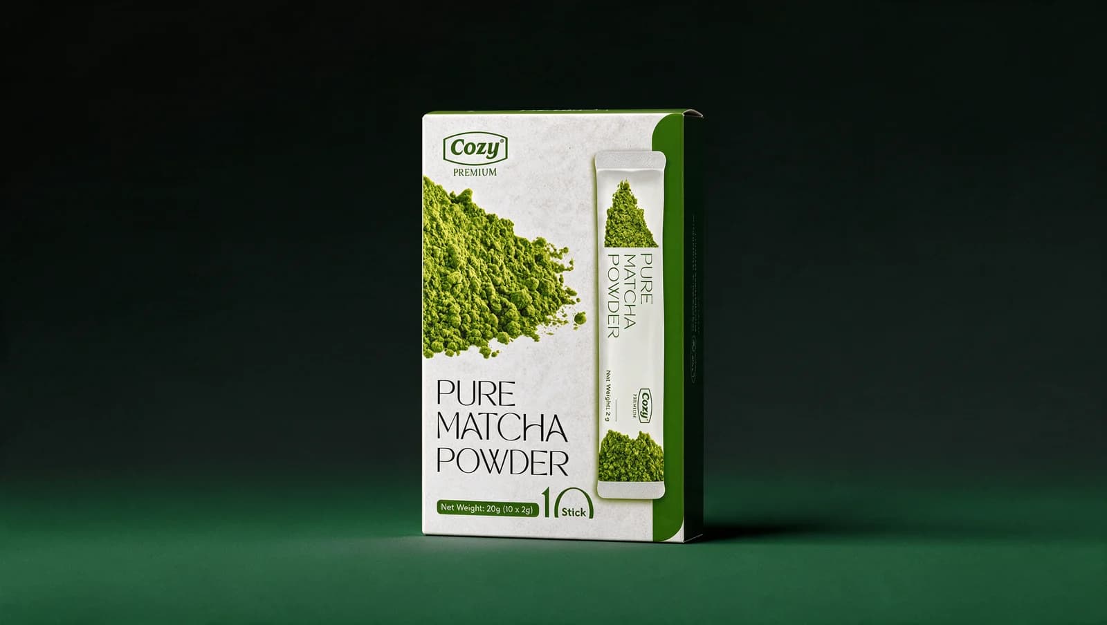 Boîte blanche et verte Cozy Pure Matcha Powder, 10 sticks de 2 g.