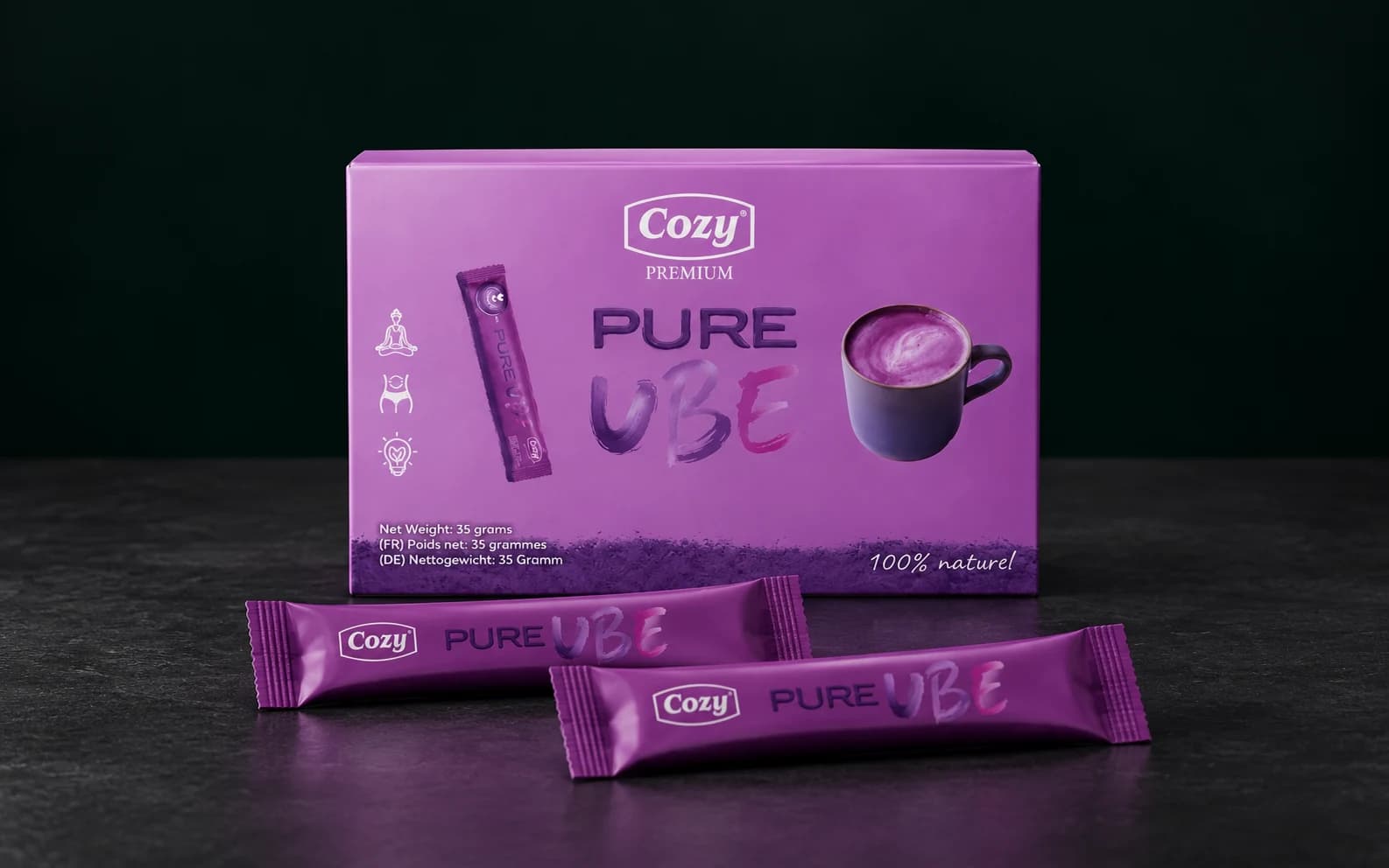 Boîte Cozy Pure UBE et présentation du format en sticks.